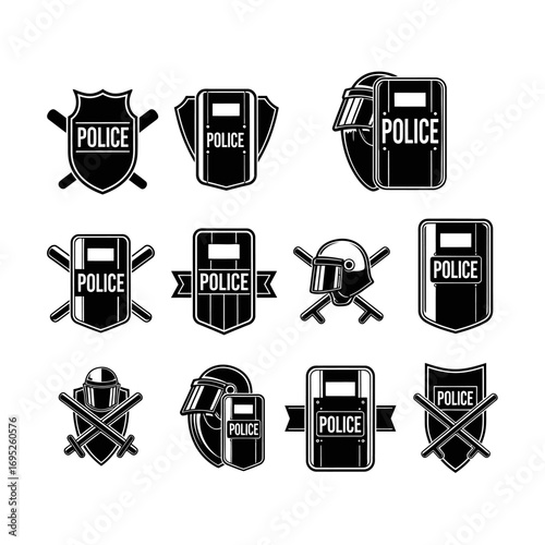 Collection of police riot shields and batons, presented in a badge-like emblem style.