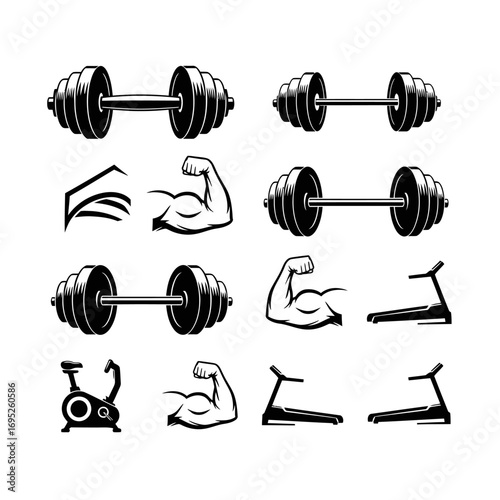 Collection of monochrome fitness icons: dumbbells, arm muscles, exercise equipment.