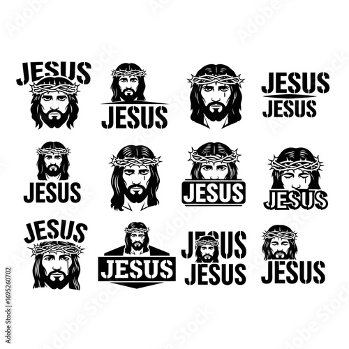 Collection of Jesus Christ face illustrations with crown of thorns.