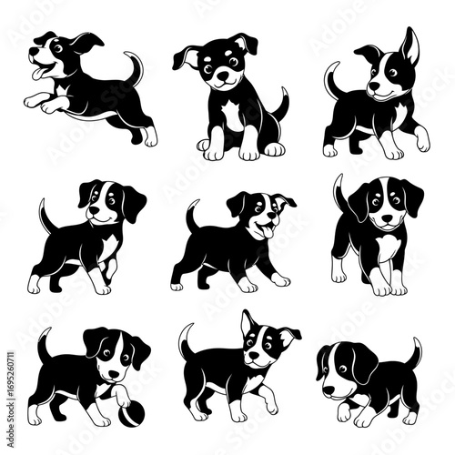 A collection of nine adorable black and white cartoon puppies in various playful and happy poses, isolated on a white background.
