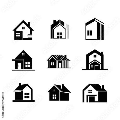 A collection of nine minimalist black and white house icons, each with a unique architectural design.