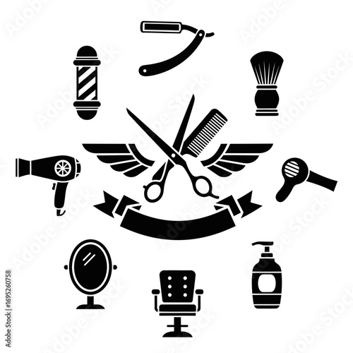 A collection of black and white barber shop icons arranged in a circular pattern around a central emblem.
