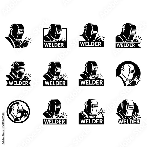 Collection of black and white welder logos and emblems, depicting a person in a welding mask with sparks.