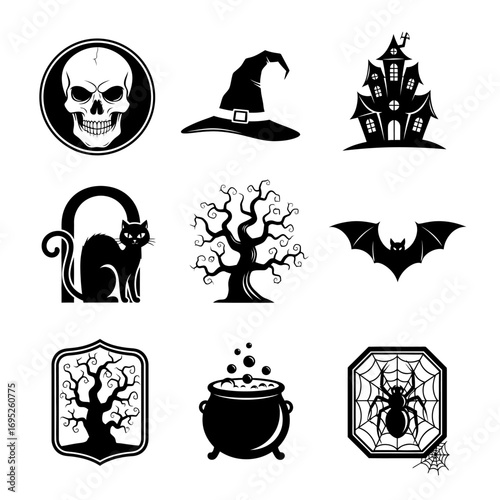 A collection of nine black and white Halloween-themed icons including a skull, witch hat, haunted house, black cat, bat, spooky trees, cauldron, and spider.