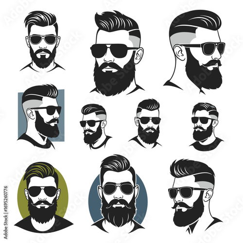 Collection of stylish men's portraits with sunglasses and various beard styles, perfect for design.