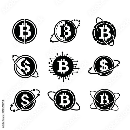 Collection of cryptocurrency logos, featuring Bitcoin and dollar signs, with various design elements like orbits and circuit patterns.