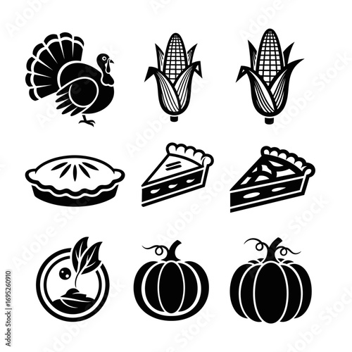 A collection of black and white Thanksgiving-themed icons, including a turkey, corn, pie, and pumpkins.