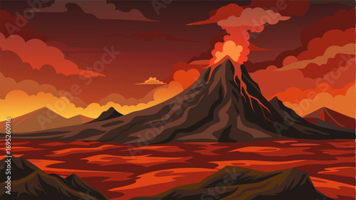 A stark and desolate view of an endless expanse of lava fields with only the peak of a nearby peak visible above the turbulent clouds of smoke.