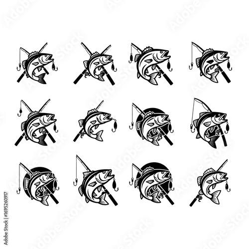 Fishing rod and fish graphic design set, various angling illustrations.