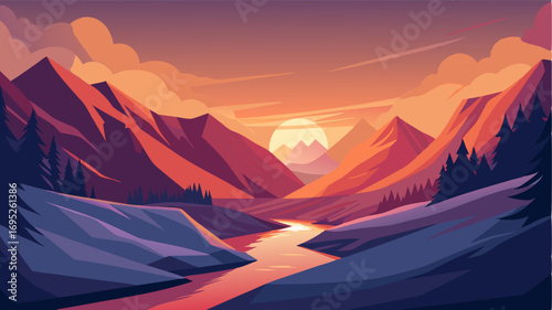 A valley bathed in a soft glow from the setting sun the snow reflecting the warm hues and creating a breathtakingly beautiful sight.
