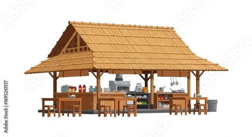 A charming outdoor eatery under a thatched roof, evoking a tropical ambiance