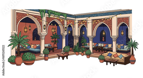 A Charming Moroccan Courtyard with Elegant Arches and Lush Vegetation