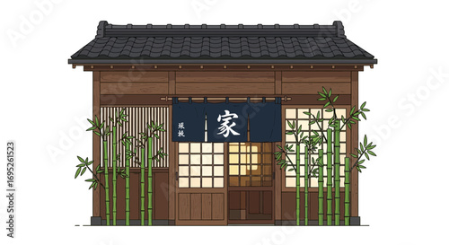 A traditional japanese house with green bamboo plants around its doors
