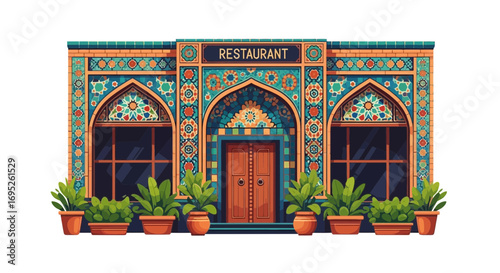 A charming restaurant with intricate mosaic patterns and potted plants