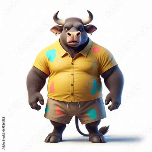 A bull NFT art portrait wearing a shirt and a short isolated on a white background generative ai