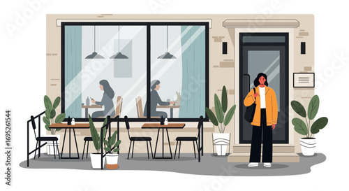 Aesthetic Cafe Scene with a Woman Standing at the Entrance in Vector Style
