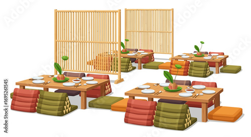 Aesthetic Japanese Dining Room Setup with Tatami Seats and Minimalist Decor