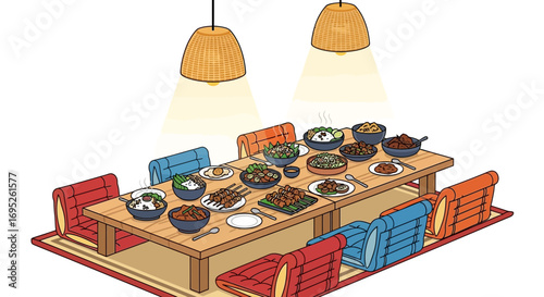 An appetizing spread of diverse dishes arranged on a low table setting