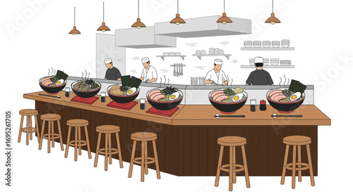 Authentic Ramen Counter Scene with Chefs and Delicious Noodle Bowls