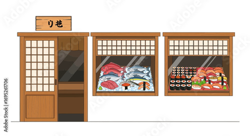 Authentic Japanese Sushi Restaurant Facade with Display of Fish and Sushi