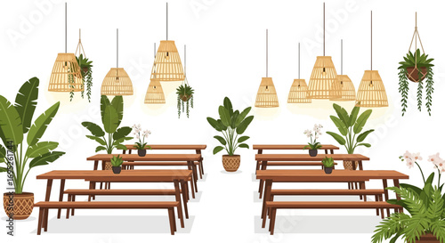 Bohemian inspired outdoor dining area with wooden tables and plants