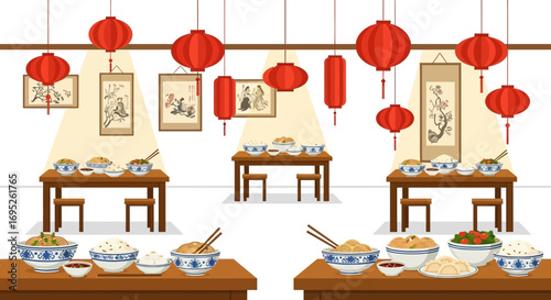 Celebration Feast Featuring Lanterns and Traditional Chinese Cuisine Arrangement