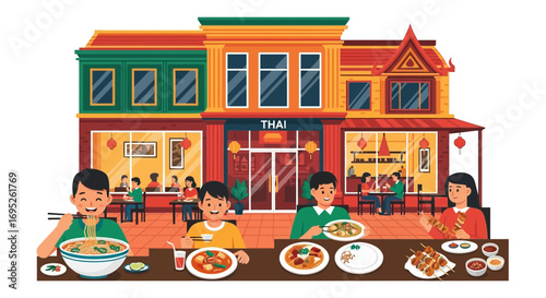 Captivating Thai Restaurant Facade with Happy Diners Enjoying Authentic Cuisine