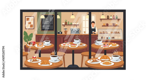 Charming Cafe Window Display with Coffee, Pastries, and a Welcoming Ambience