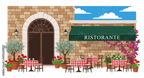 Charming Italian Ristorante Facade with Outdoor Seating and Brick Architecture