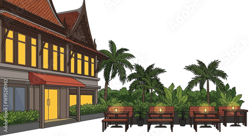 Charming outdoor seating area of thai restaurant with tropical trees
