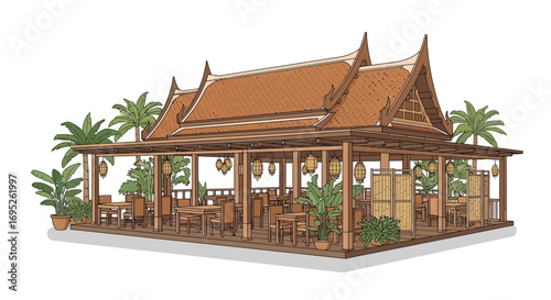 Charming Outdoor Thai Restaurant Illustration with Intricate Architectural Details