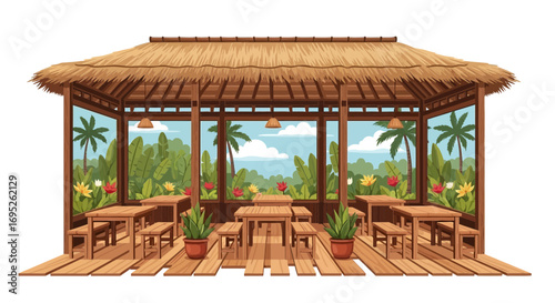 Charming tropical gazebo with thatched roof surrounded by lush greenery