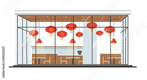 Contemporary Restaurant Interior with Asian Lanterns and Minimalist Design