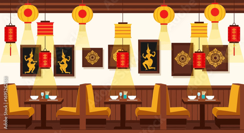 Cozy asian restaurant interior with traditional decoration and furniture