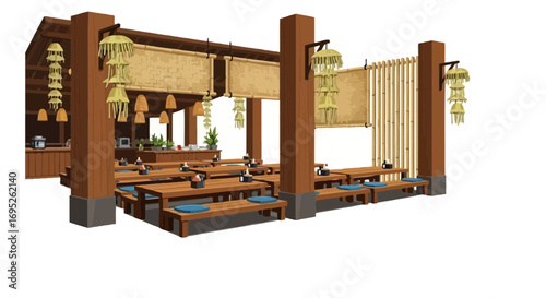 Cozy and traditional Japanese restaurant interior illustration design