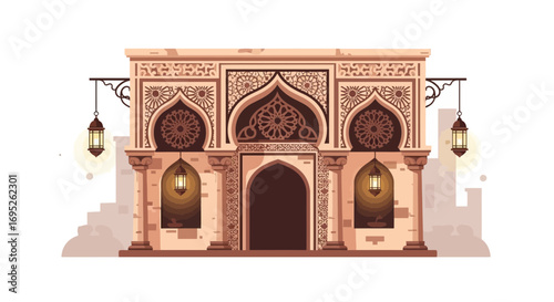 Decorative facade with moorish arches and traditional lanterns at night
