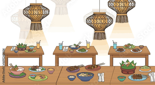 Delightful array of traditional asian dishes served under ambient lighting