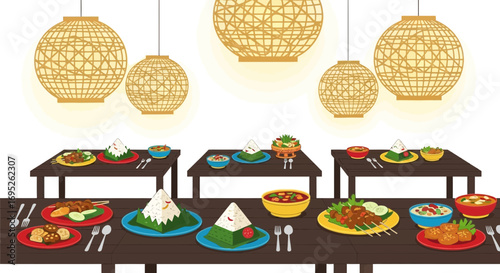 Delicious indonesian cuisine served under woven pendant lights festive mood