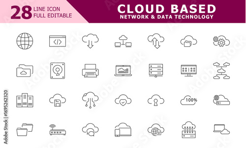 Comprehensive Thin Line Vector Icons with Editable Strokes for Cloud Computing, Advanced Technology, Robust Infrastructure, and Big Data Solutions