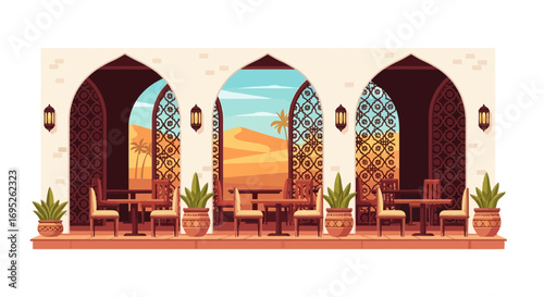 Desert view cafe illustration with traditional architecture and furniture