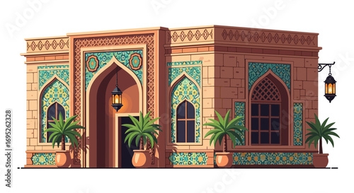 Detailed cartoon style architecture showcasing Arabic ornamental patterns