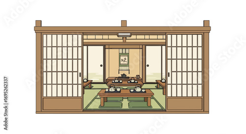 Detailed illustration of a traditional Japanese tea room with tatami mats