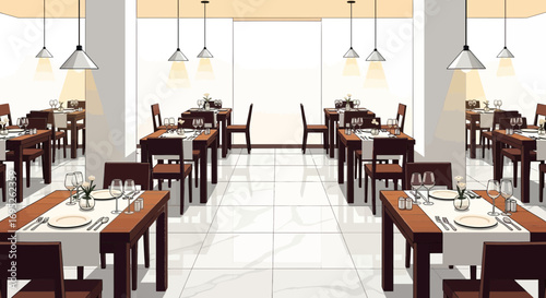 Elegant and serene dining room, beautifully prepared tables for a delightful meal