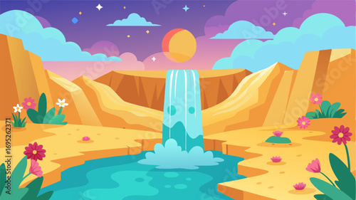 In the midst of the arid desert a lush oasis comes to life with a sparkling waterfall and an array of colorful blooming flowers a true oasis in a barren landscape.