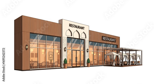 Elegant architectural illustration of a modern restaurant with outdoor seating