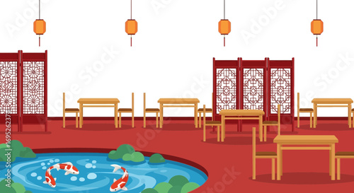 Elegant Asian-Inspired Restaurant Interior with Koi Pond and Traditional Decor