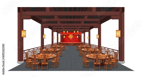 Elegant Chinese restaurant interior with ornate wooden architecture design