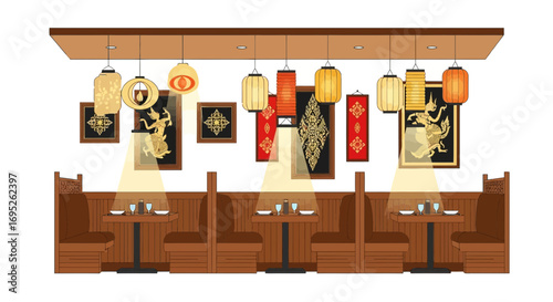 Elegant dining booths with traditional southeast asian decor atmosphere
