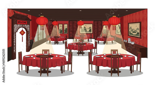Elegant traditional chinese restaurant dining area illustration with lanterns