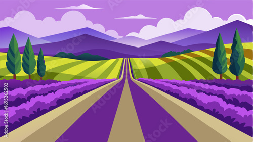A serene road bordered by vibrant purple lavender fields and lush green vineyards.